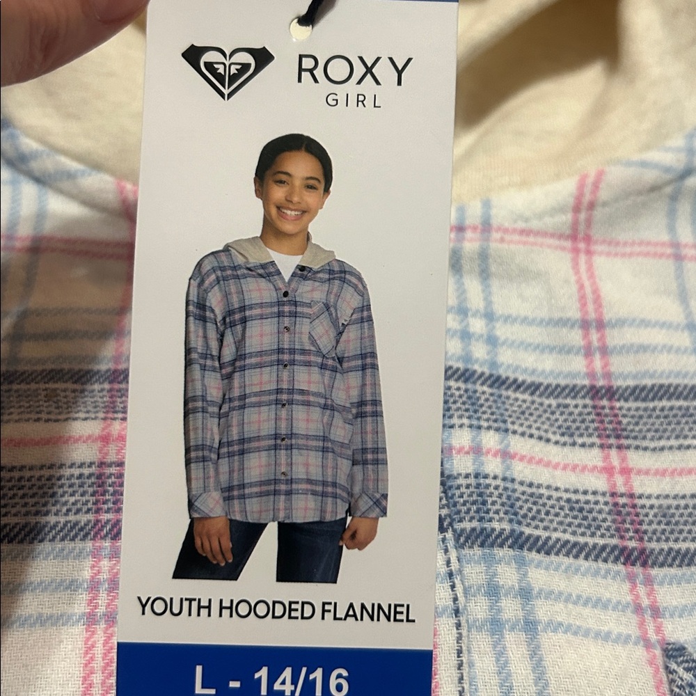 Roxy Girl Youth Hooded Flannel Shirt Plaid Blue/Pink Size L 14/16 NWT